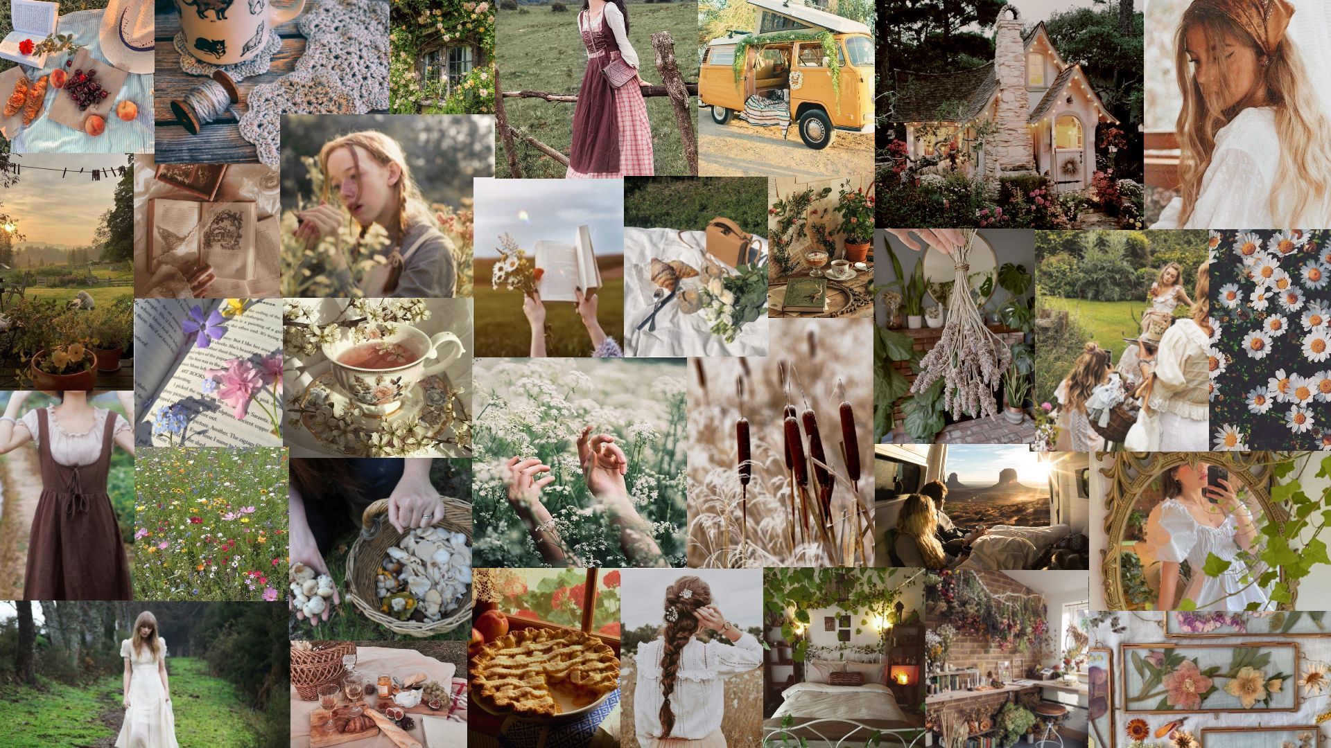 A collage of photos of nature, women, and flowers. - Cottagecore