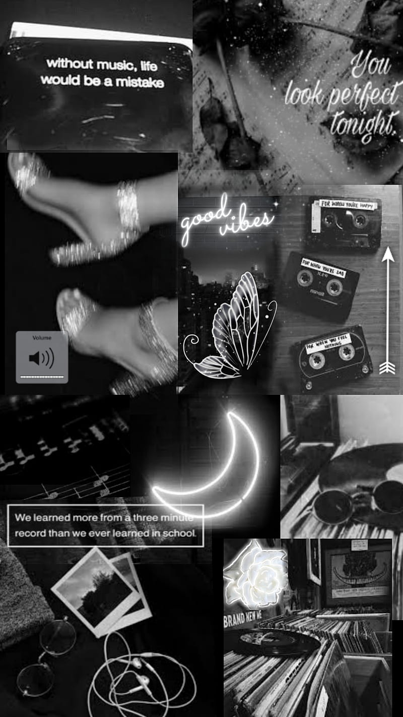 A collection of black and white images with text - Music, black and white, school, dark phone