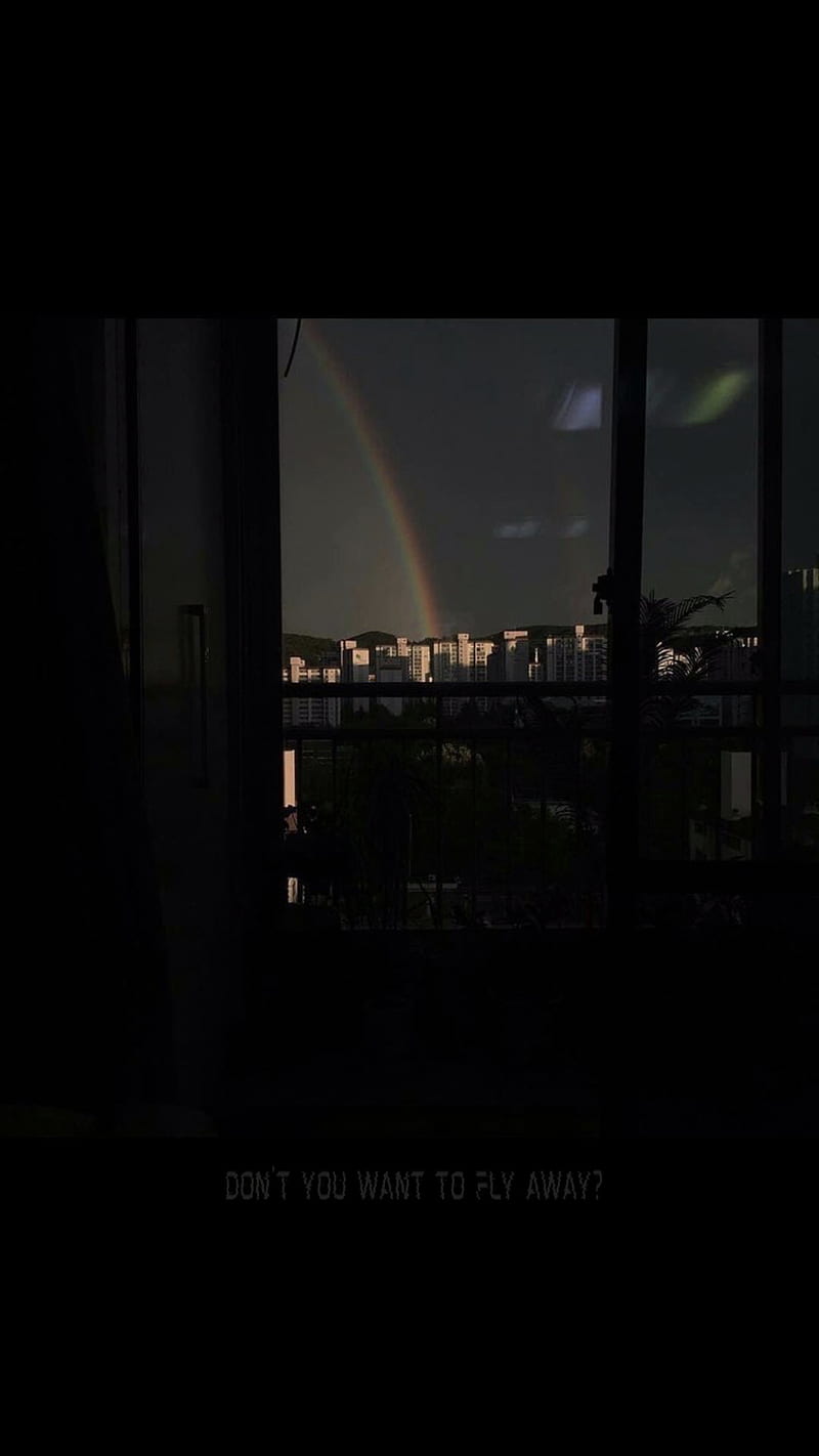 A rainbow is seen in the sky - Dark, city, anime city