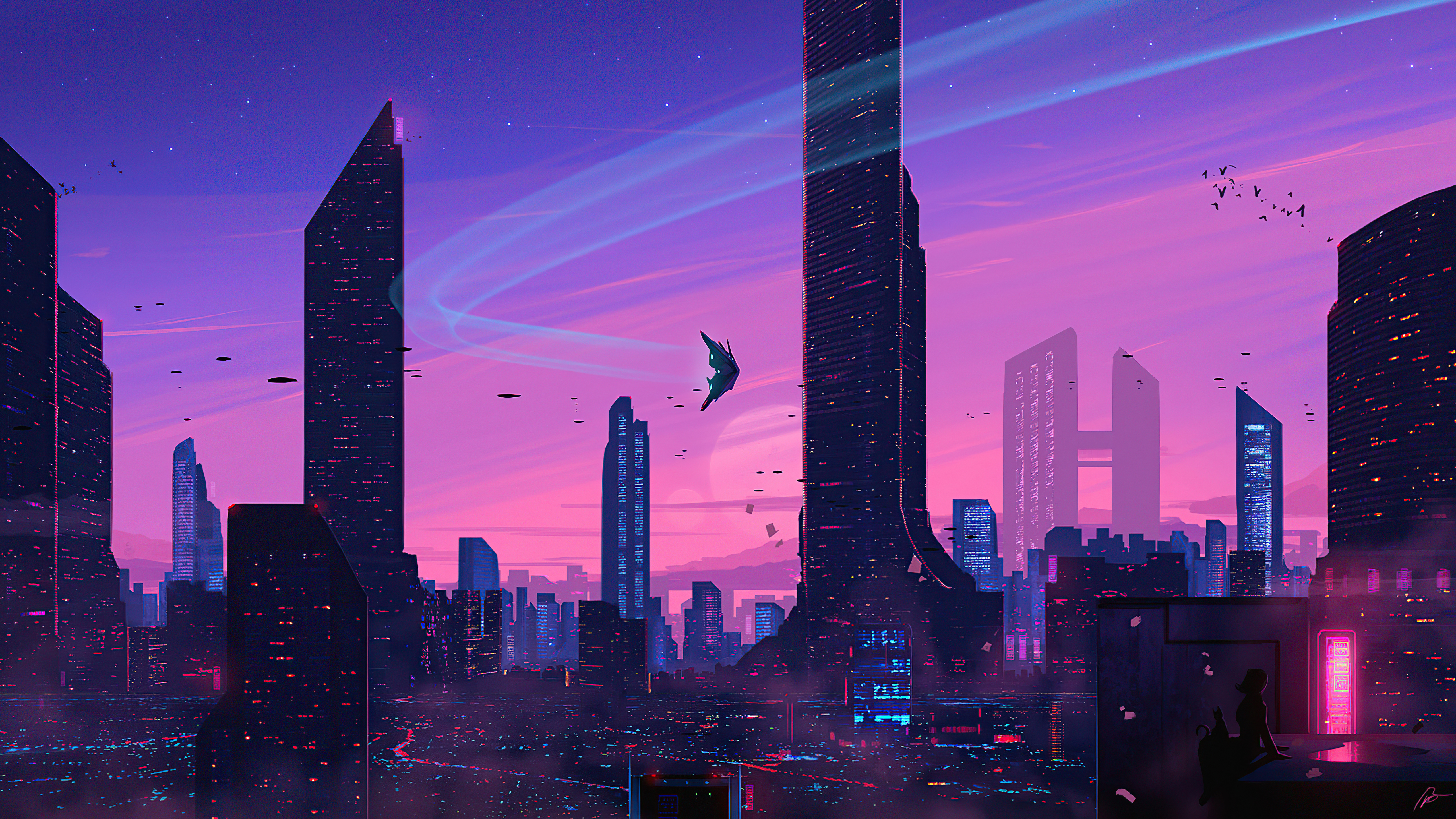 A city with tall buildings and flying objects - City, skyline, cityscape