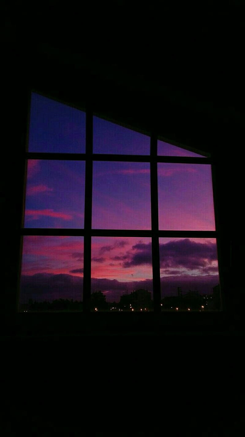 Tumblr sunset, aesthetic, colors, cute, late evening, pink, purple, simple, window, HD phone wallpaper