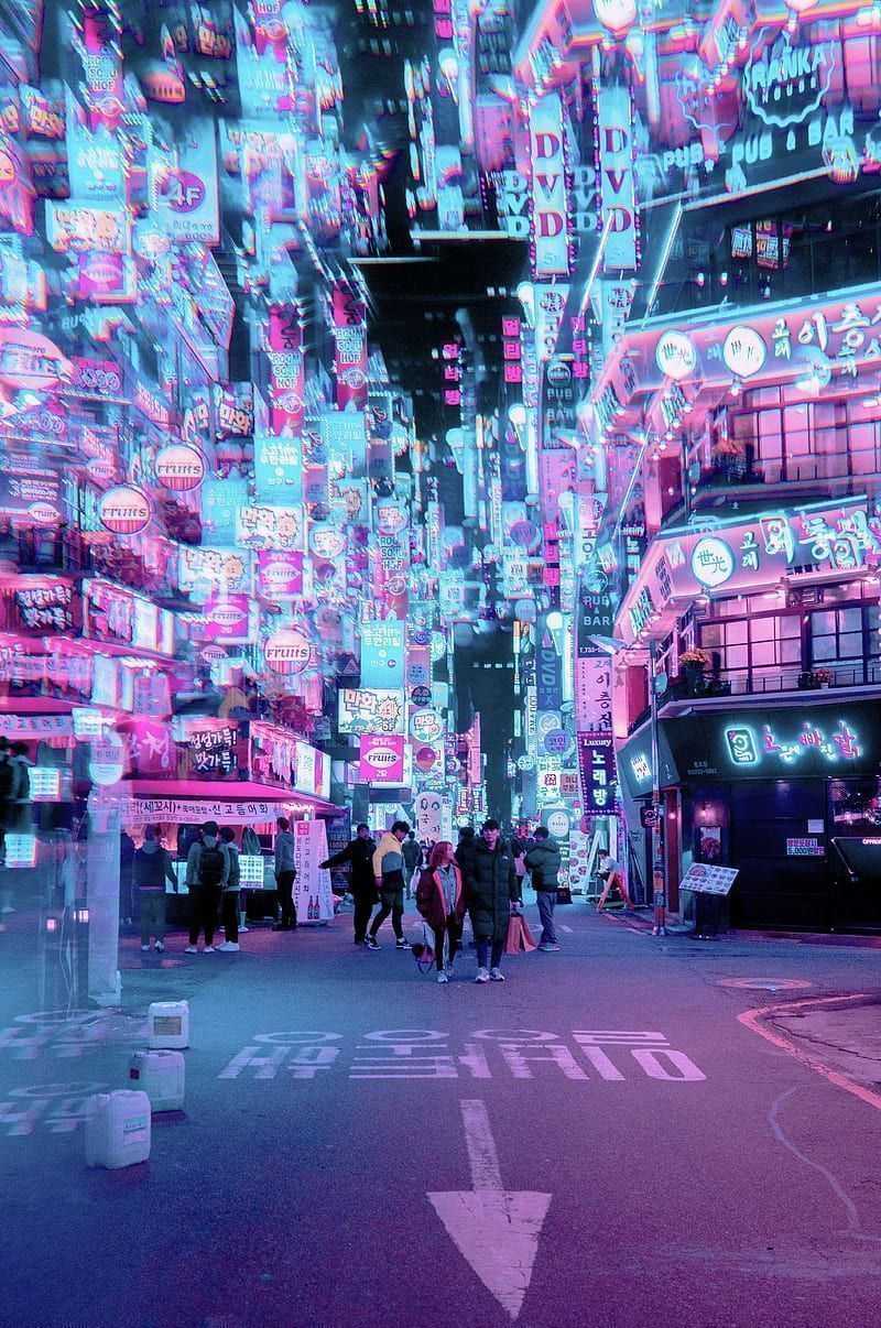 A street scene with people walking down the street and neon lights all around - Cyberpunk, Tokyo, Seoul, Cyberpunk 2077