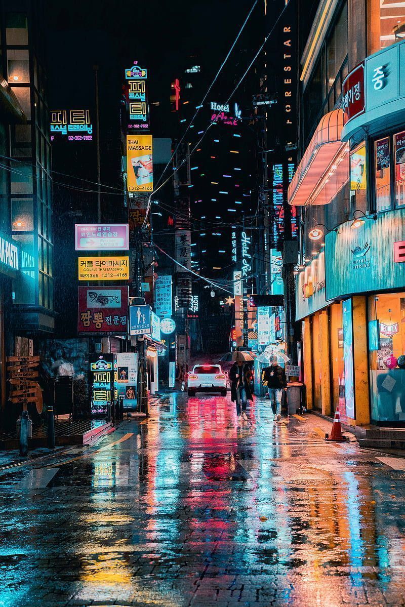 A city street with rain and neon lights - Cyberpunk, Seoul, Cyberpunk 2077