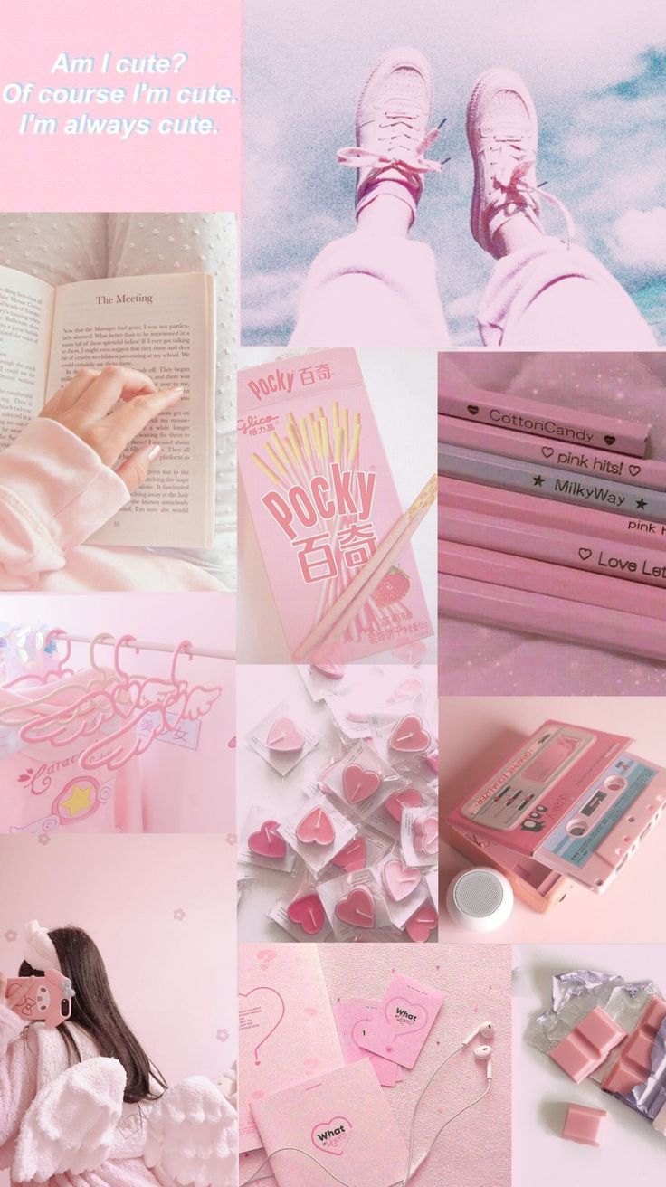 Aesthetic collage of pink and white items including books, sweets, stationary and pink shoes - Soft pink