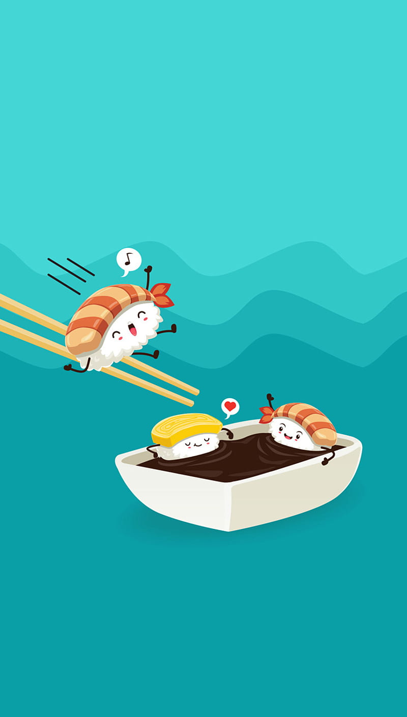 A cartoon of two sushi rolls in the ocean - Food