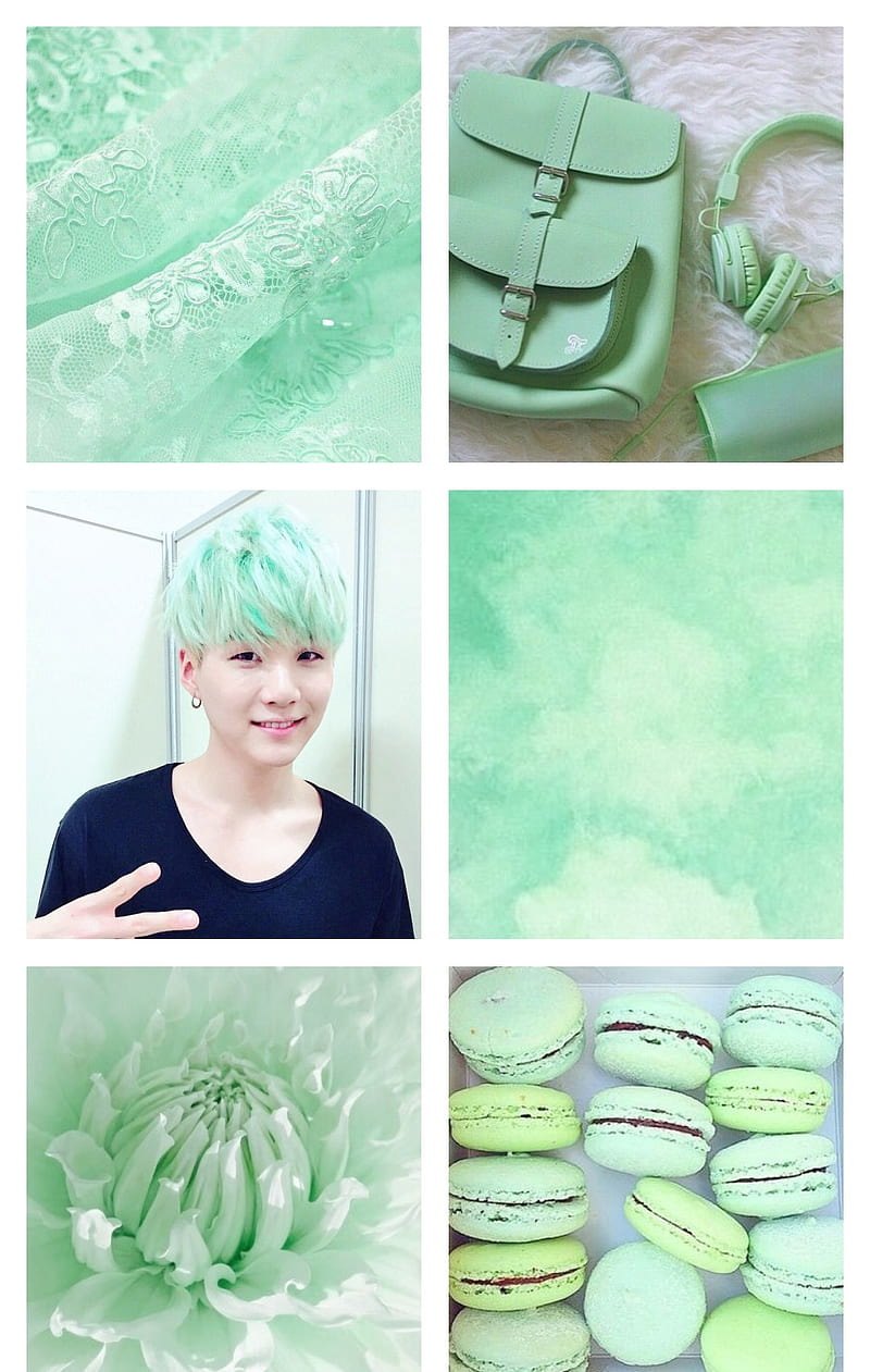 A collage of pictures with green and pink colors - Mint green