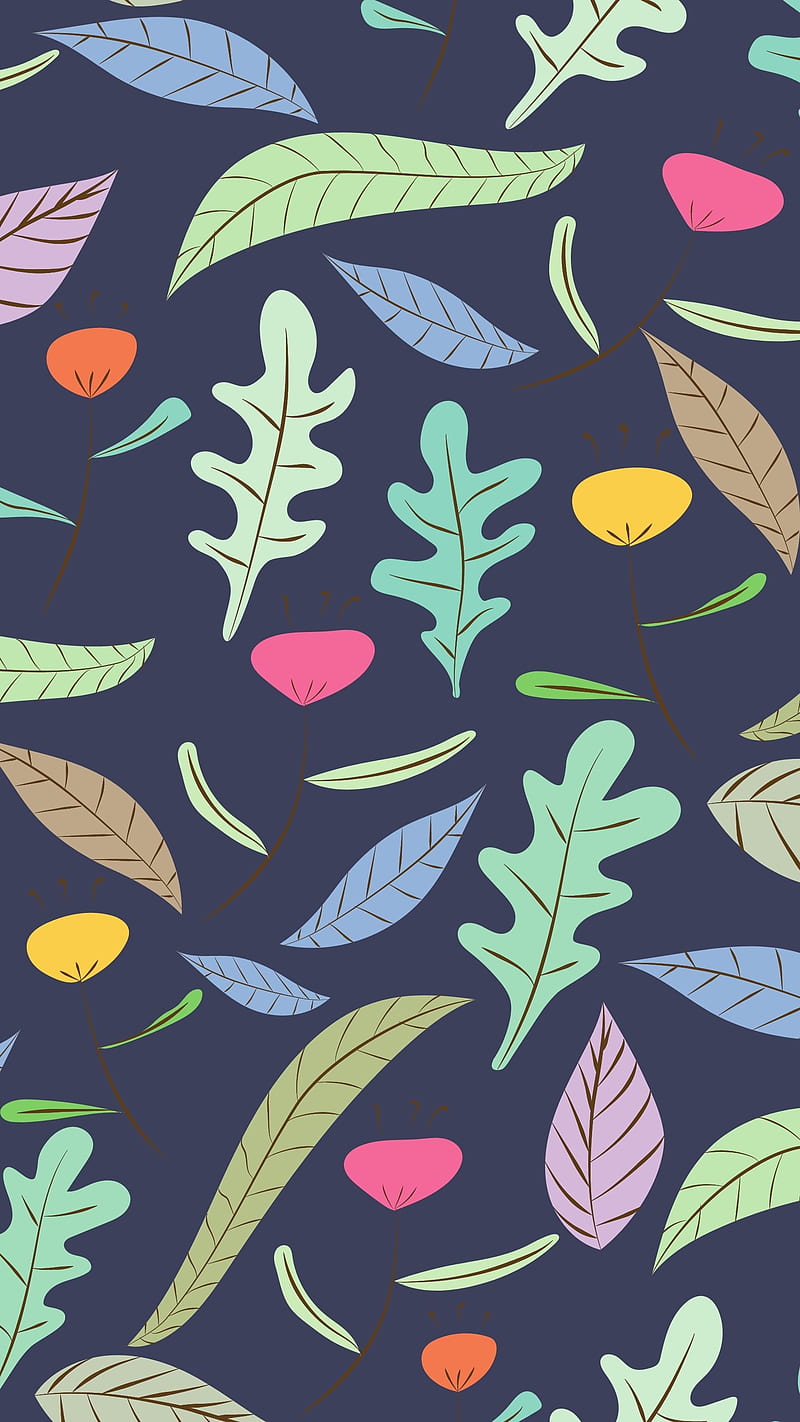 A pattern of leaves and flowers on dark blue - Colorful, pattern