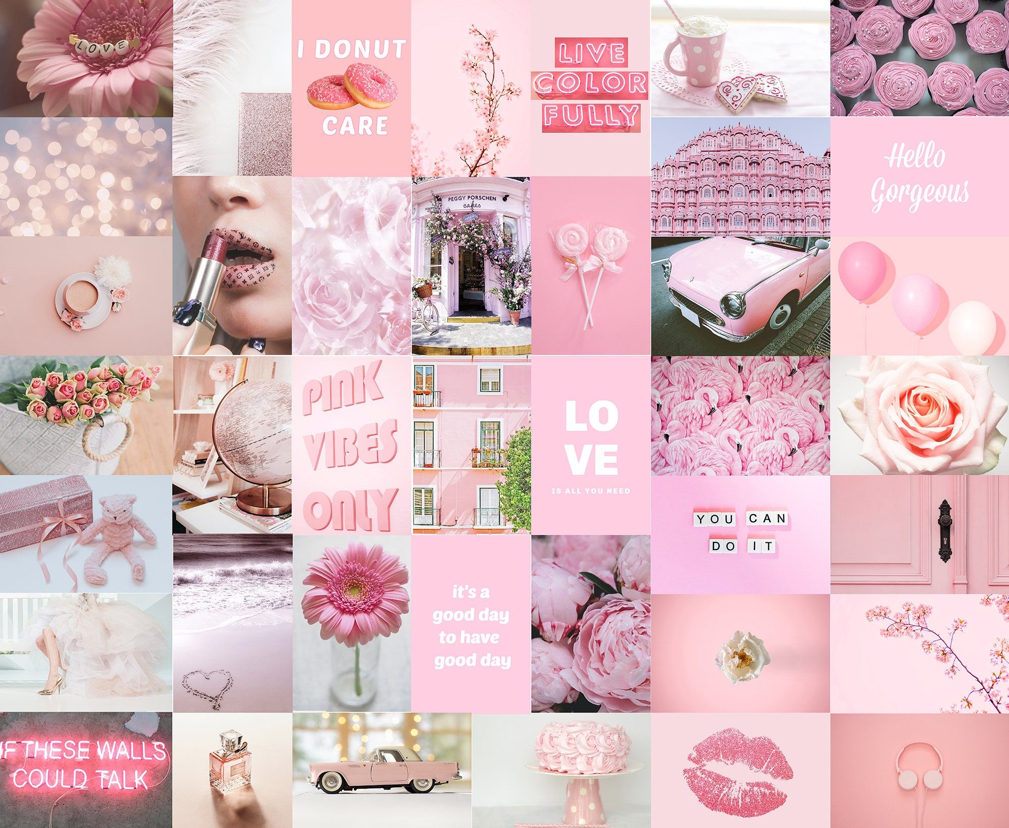 A collage of pink aesthetic pictures such as flowers, cars, and quotes. - Soft pink, light pink