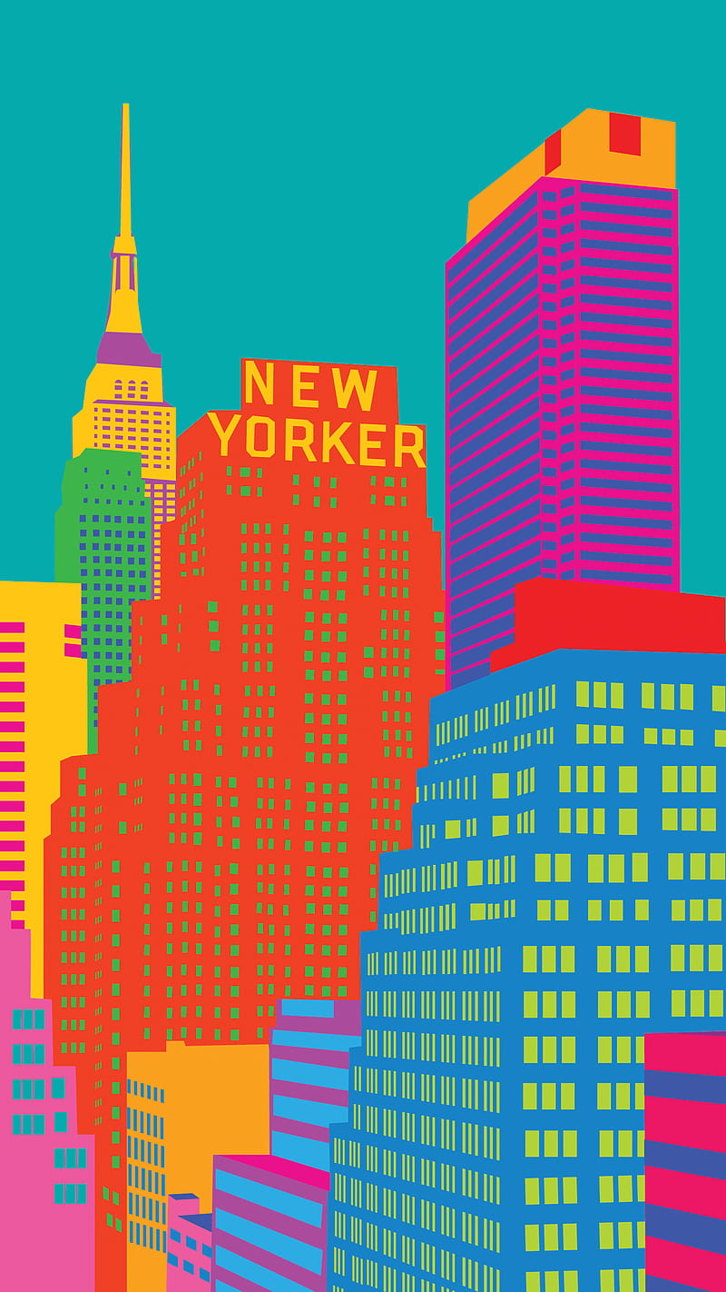 A colorful illustration of the Empire State Building and other buildings in New York City. - New York