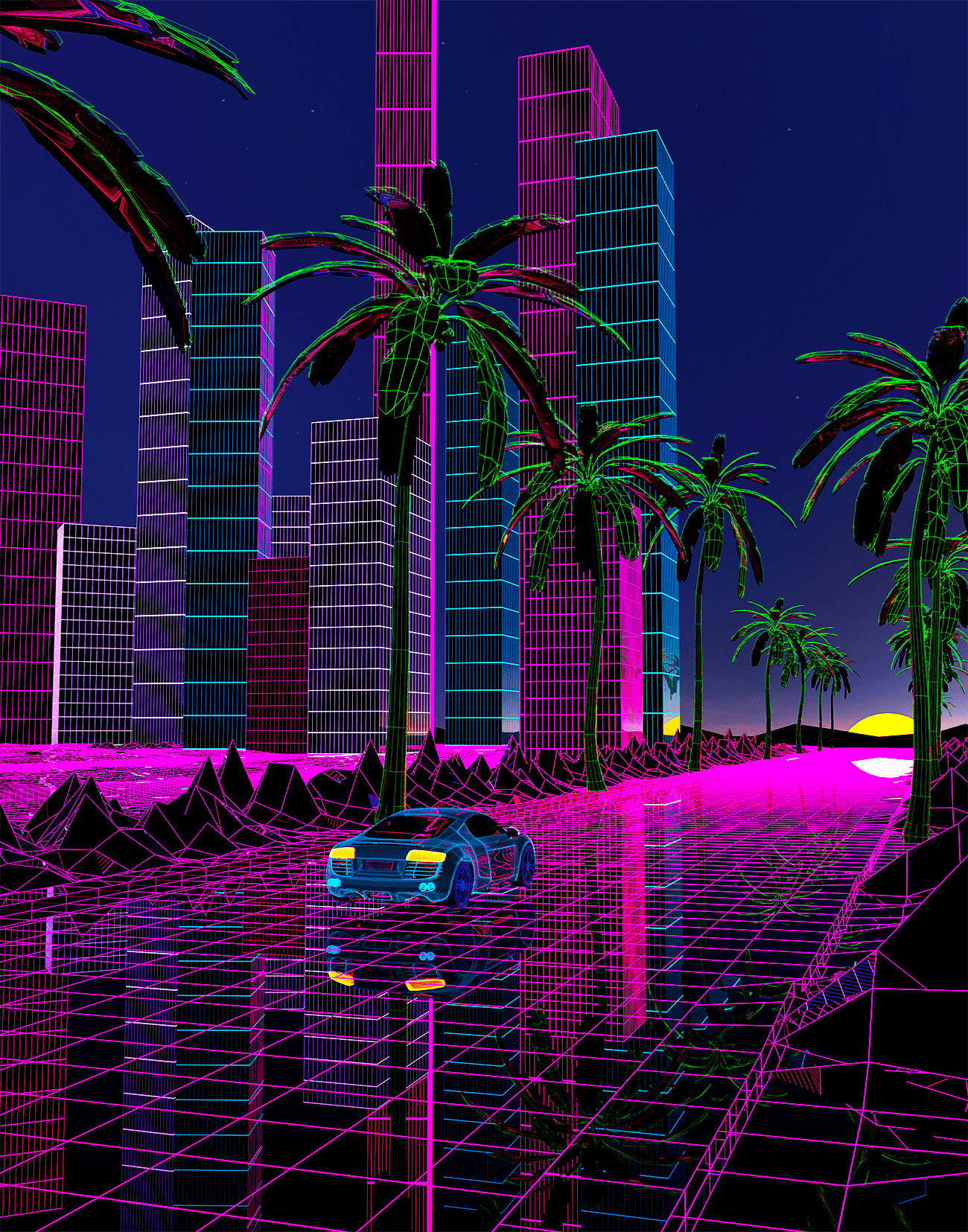 A city with palm trees and buildings - Vaporwave