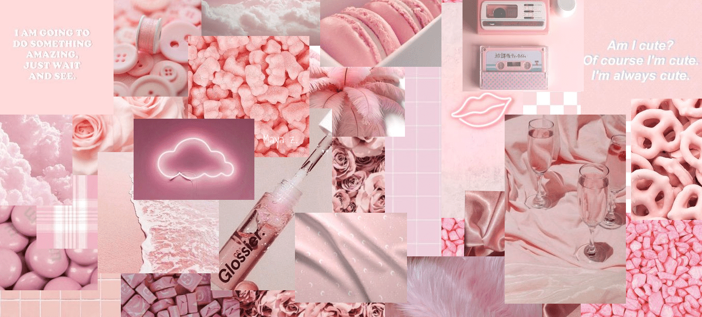 A collage of pink and white aesthetic images including clouds, macarons, lips, and candy. - Soft pink, cute pink, pink collage