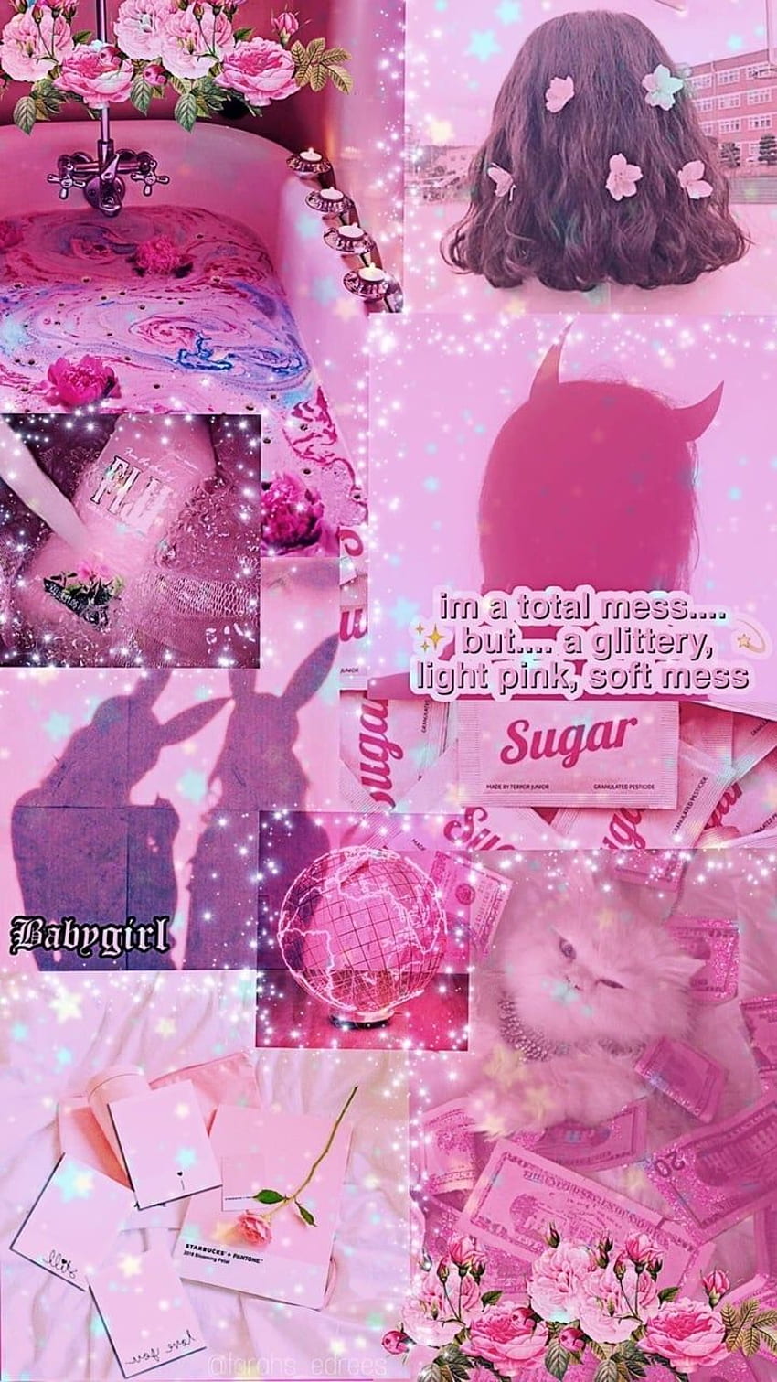 Aesthetic pink background with glitter, flowers, and the words 