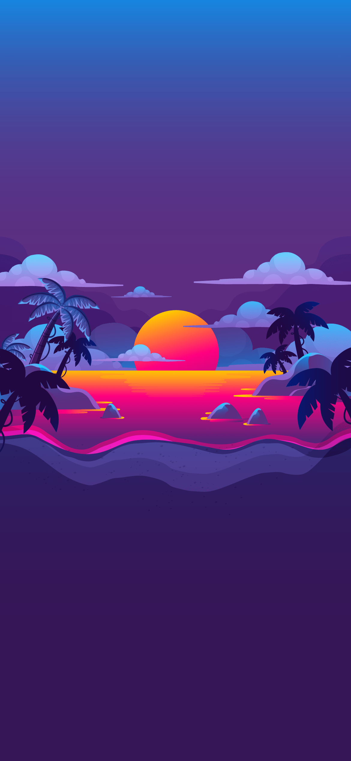 A sunset scene with palm trees and ocean - IPhone