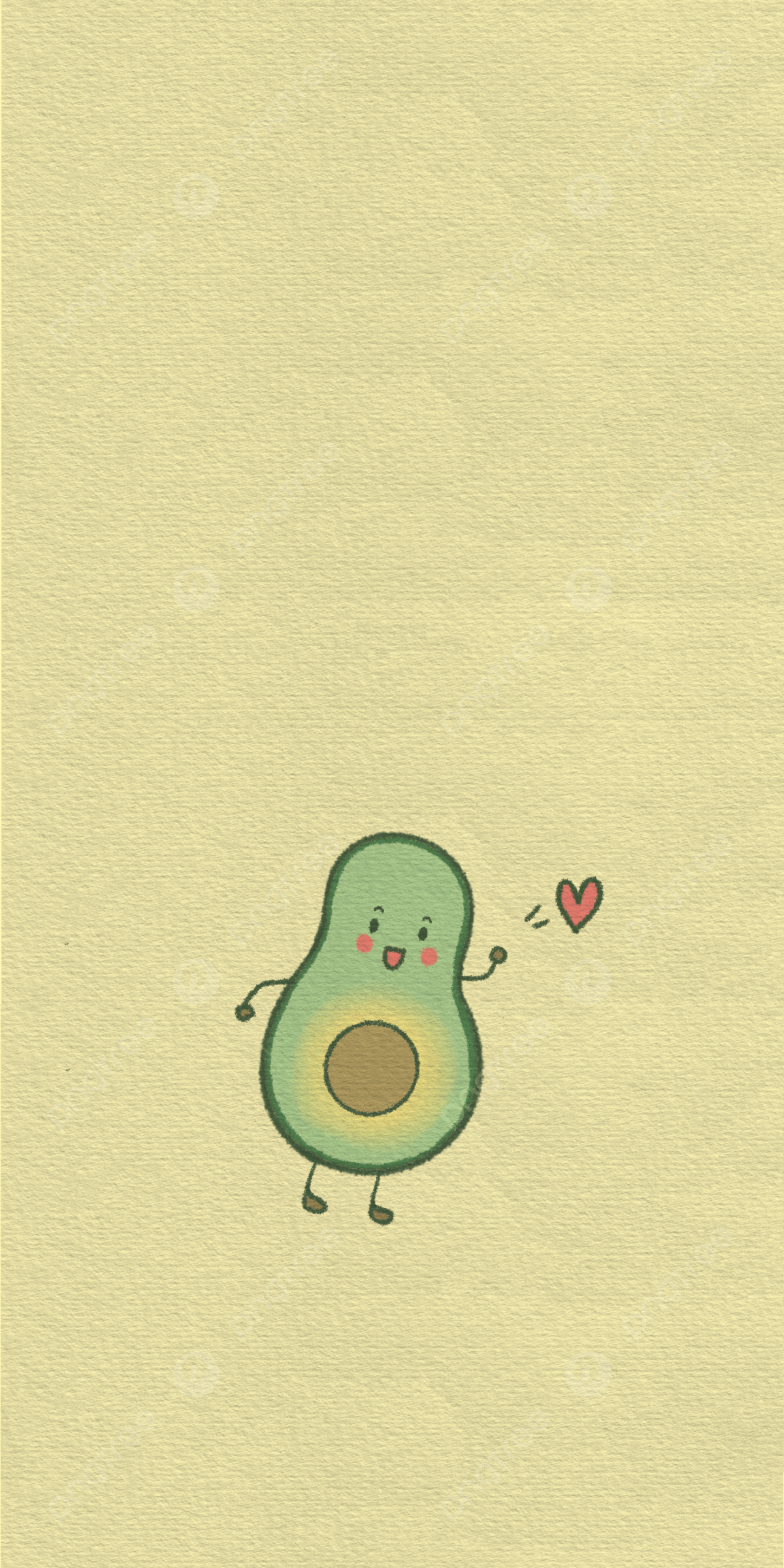 A phone wallpaper of a cartoon avocado character with a heart. - Avocado