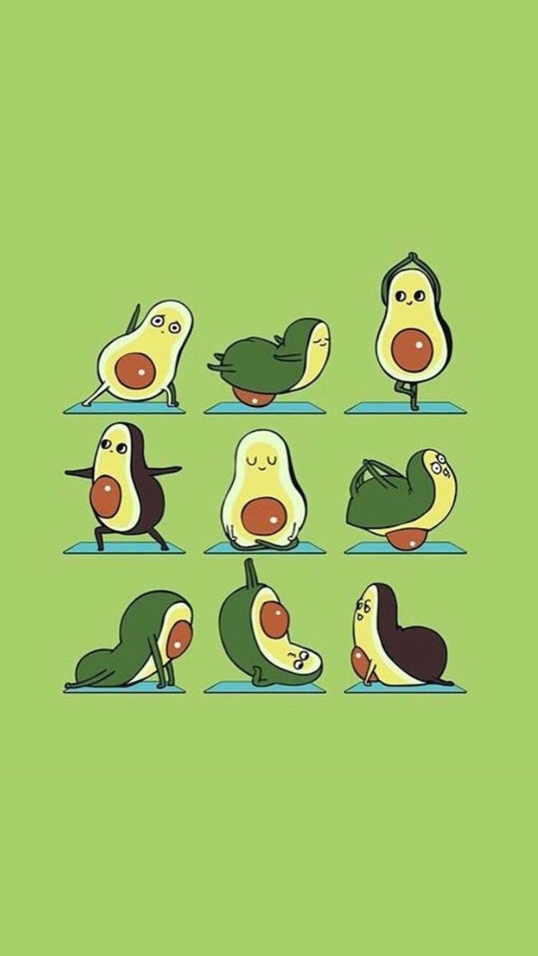 A picture of 9 avocados doing yoga. - Avocado