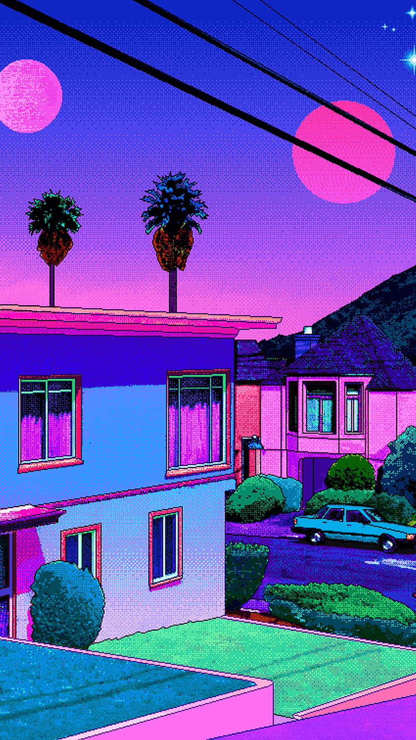 A house with purple and blue colors - 90s, anime, 90s anime