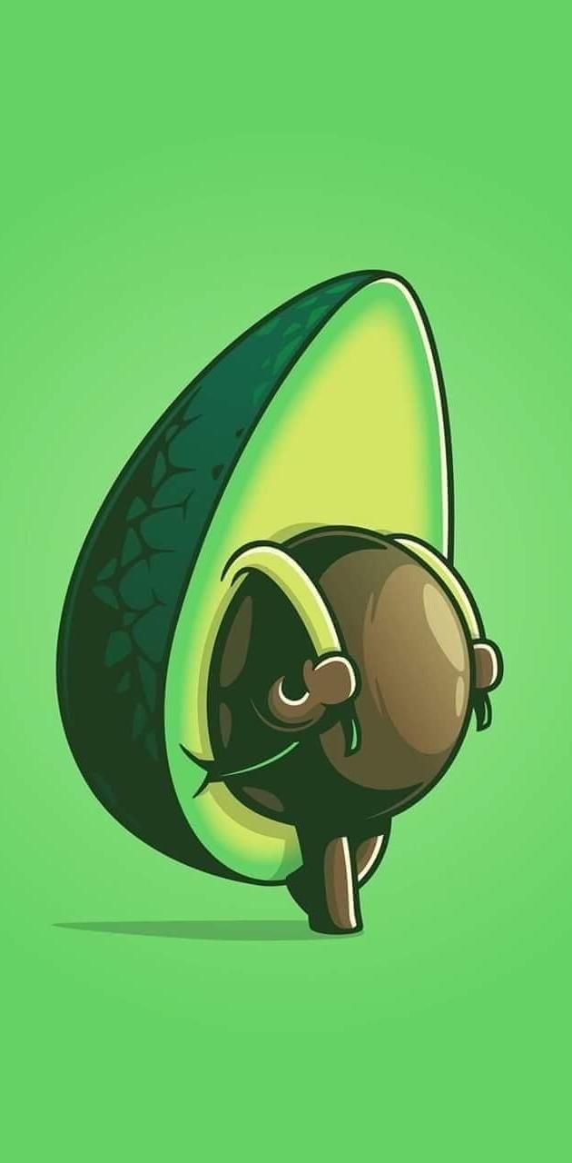 A green iPhone wallpaper with an illustration of an avocado character wearing headphones - Avocado