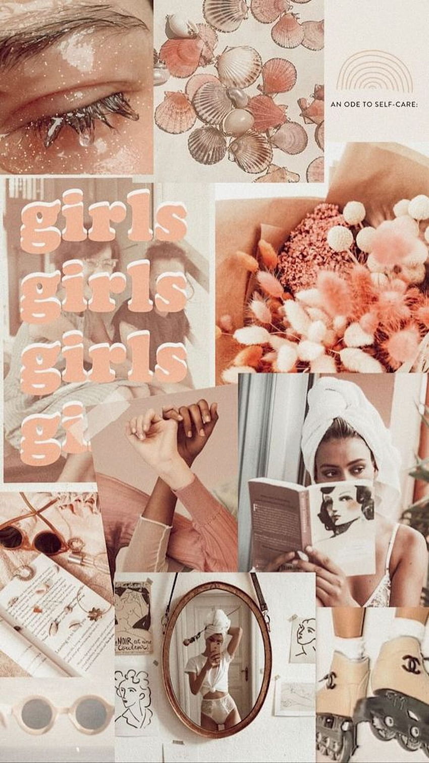 A collage of images of a woman and self care items in a peach color scheme. - Collage