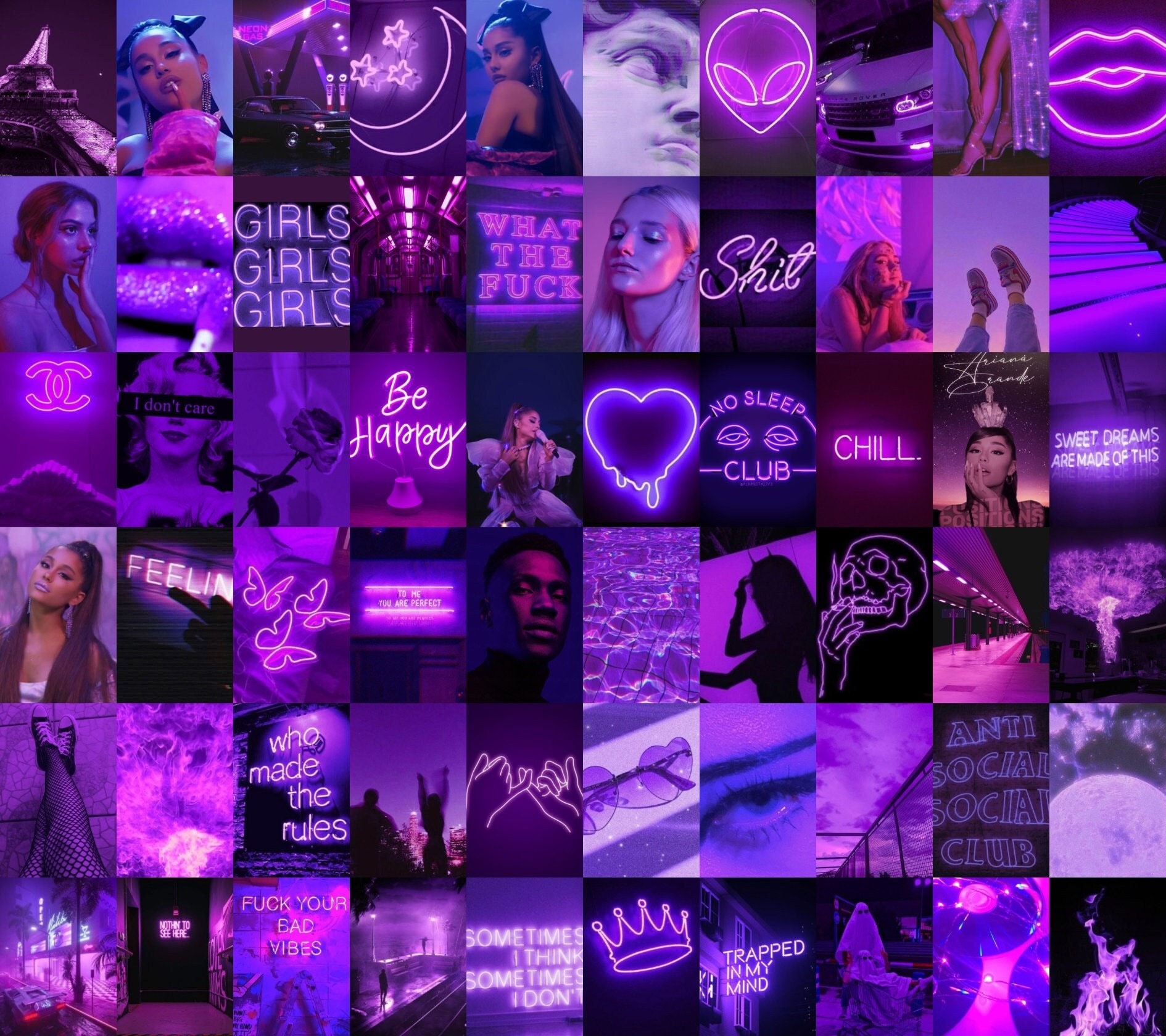 Aesthetic background of purple neon lights, girls, and motivational quotes. - Collage