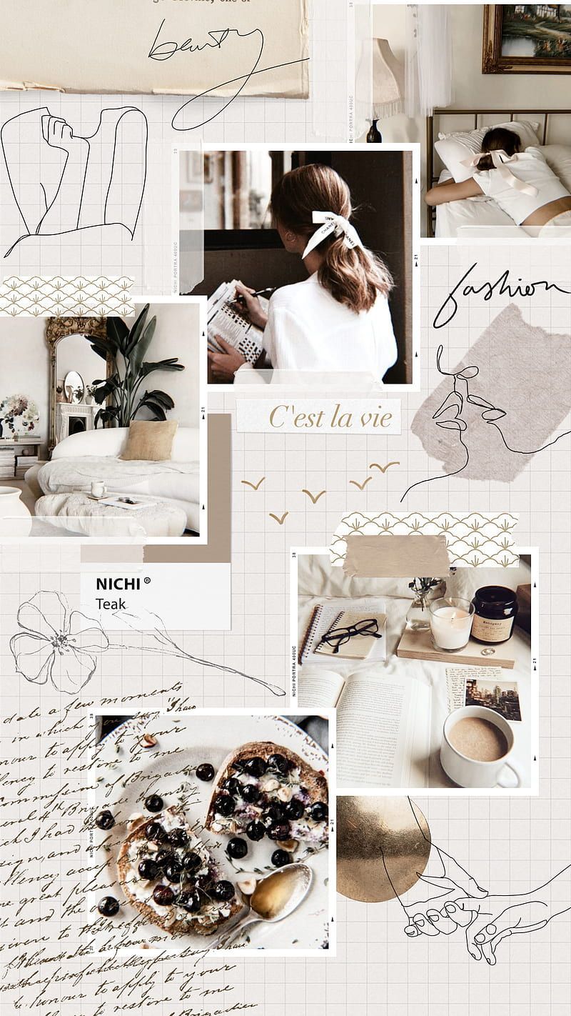 A mood board featuring a woman reading a book, a bed, a potted plant, a cake, and a cup of coffee. - Collage, fashion