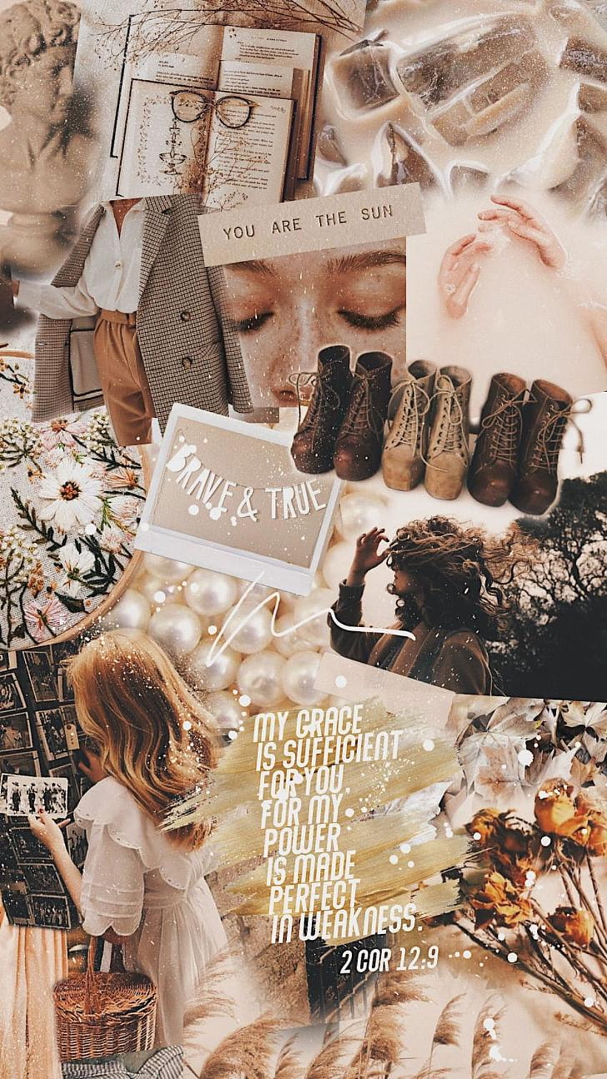 Aesthetic collage background for phone with a girl, books, flowers, boots, and a Bible verse. - Collage