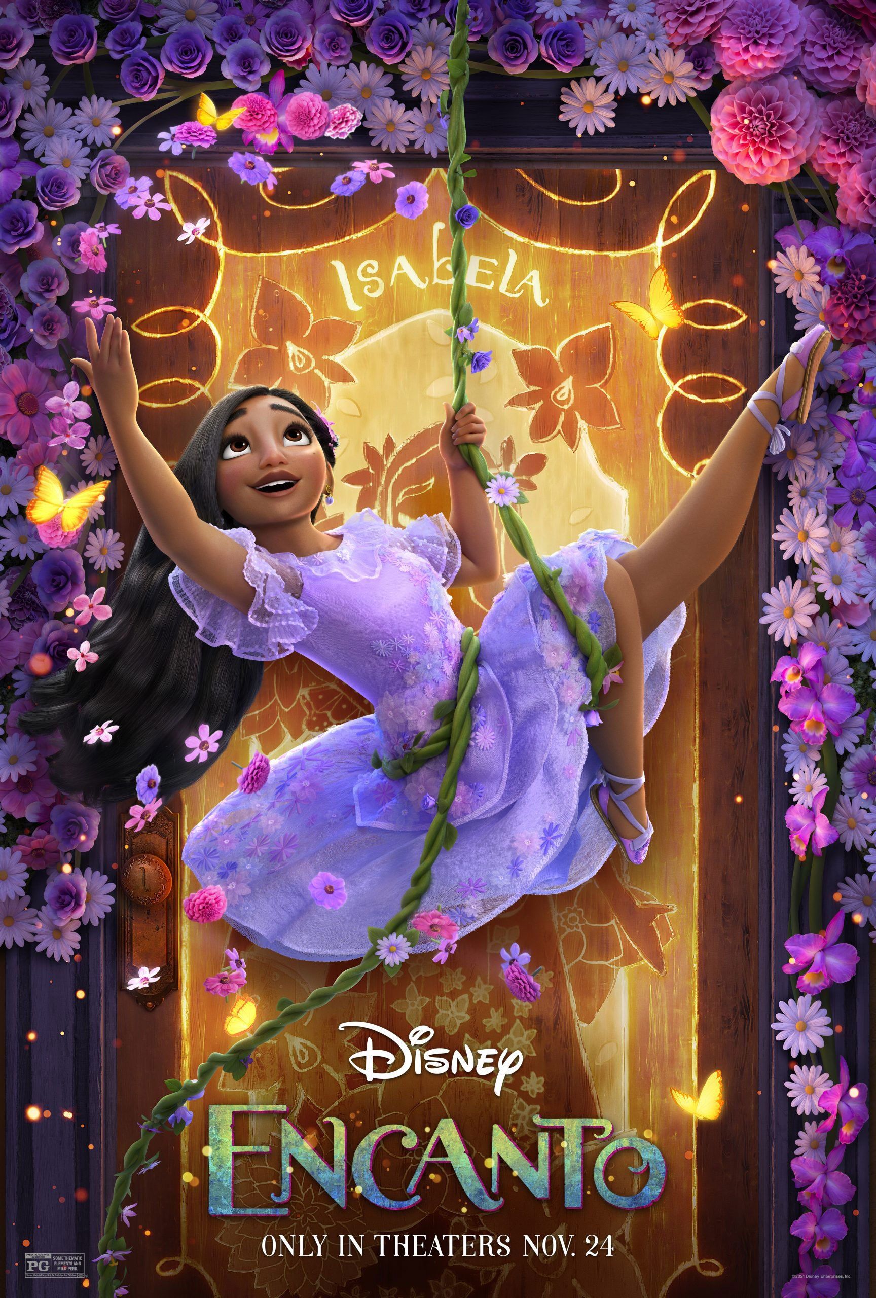 Disney Encanto movie poster with Isabela hanging from a vine with flowers around her - Encanto