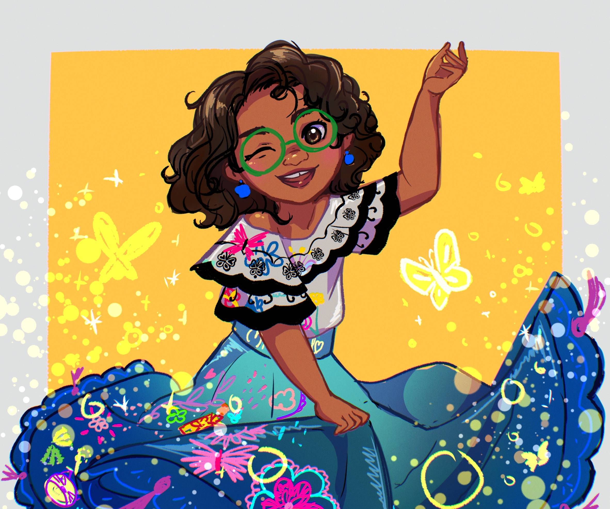 A cartoon girl with glasses and butterflies - Encanto