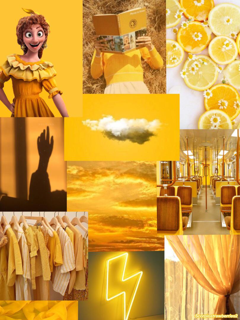 A collage of pictures with yellow backgrounds - Encanto