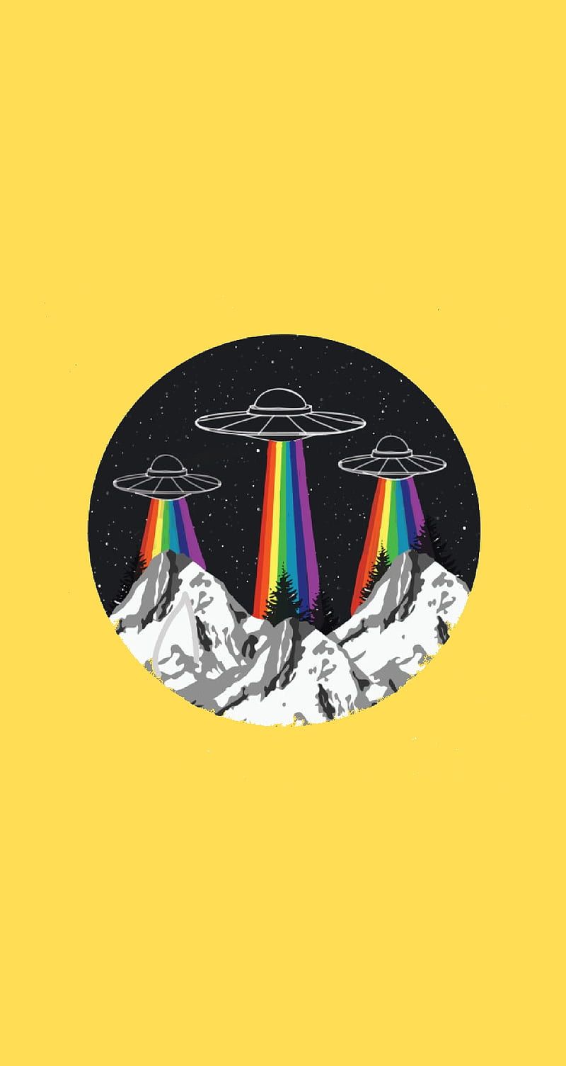 A yellow background with three flying saucers and rainbow - Minimalist, simple