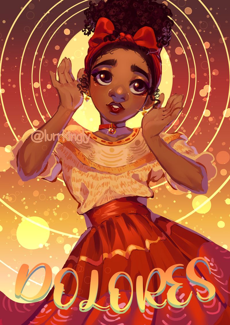 A digital illustration of a Black girl with an afro and red hair bow. She is wearing a red dress and has her hands up in the air. The background is a warm orange and yellow gradient. - Encanto