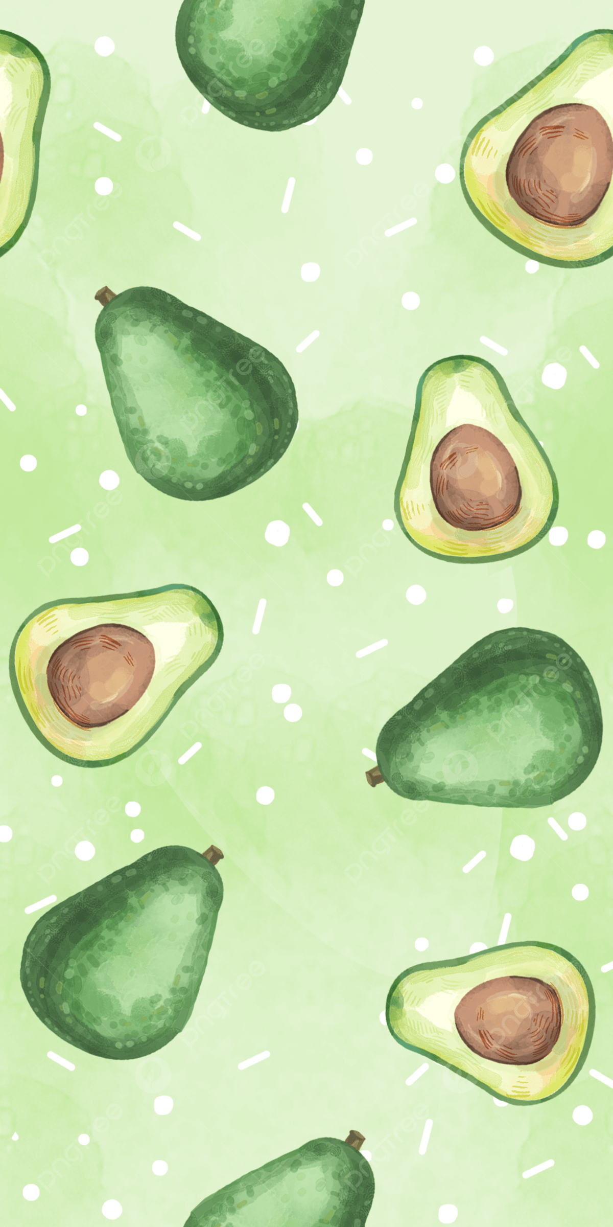 A phone wallpaper with green watercolor spots and whole and halved avocados. - Avocado