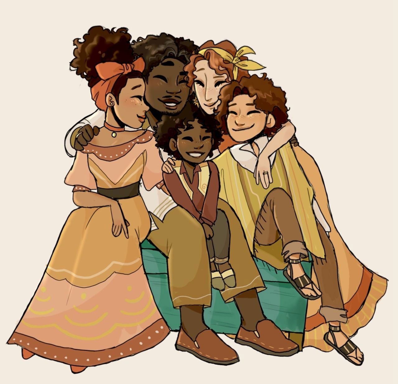 A drawing of five children of different ethnicities hugging. - Encanto