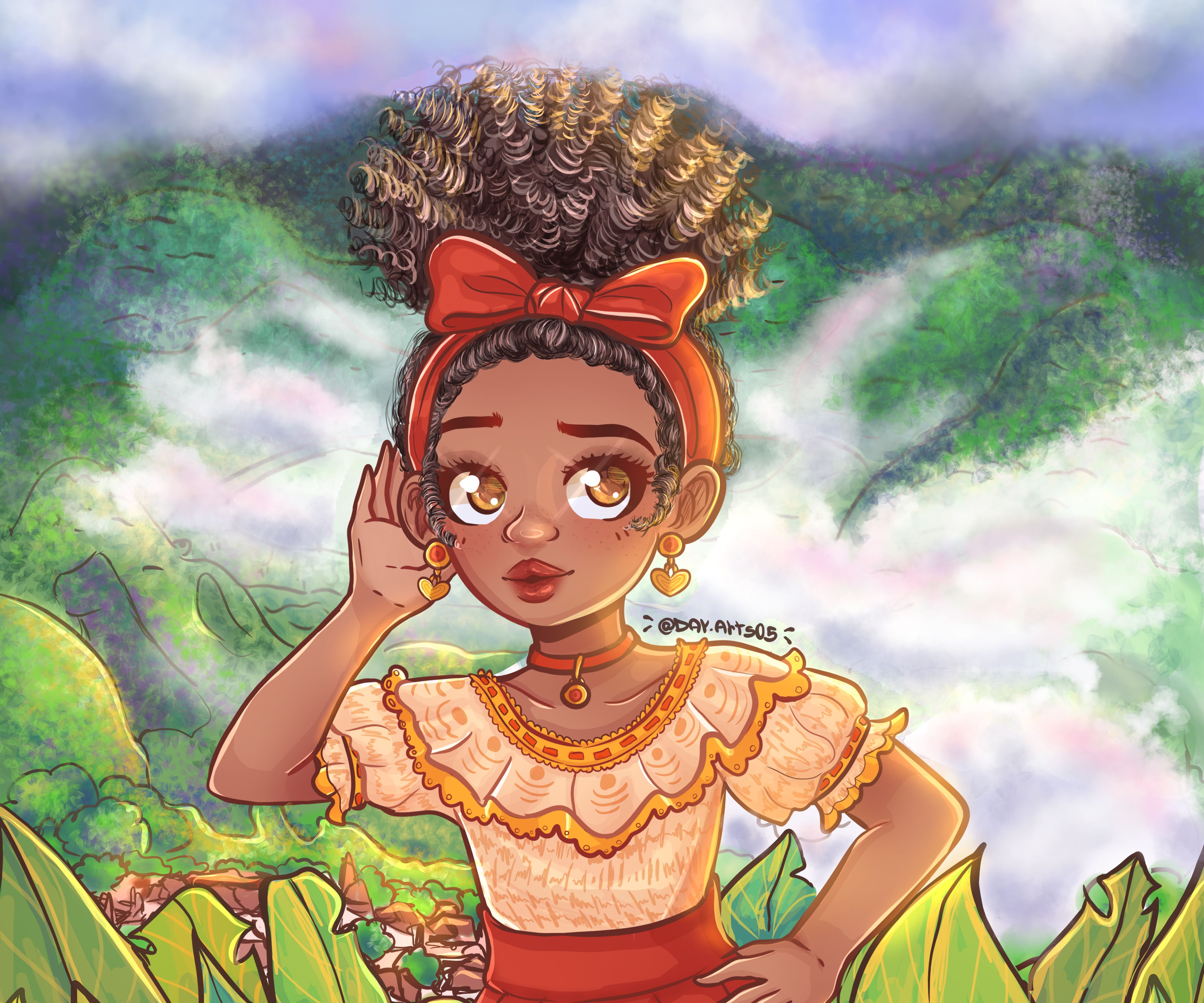 Digital art of a young Black girl with curly hair, wearing a yellow top and red skirt, standing in a lush green forest. - Encanto