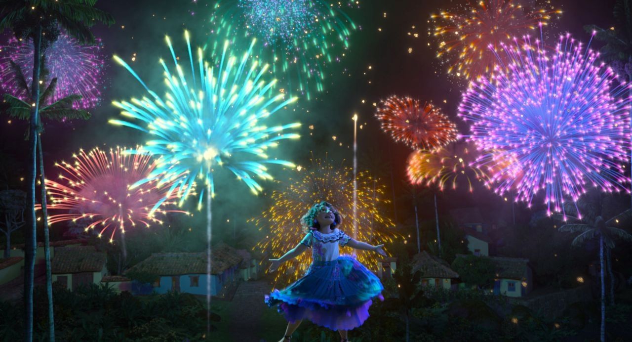 A woman is flying in the air with fireworks - Encanto