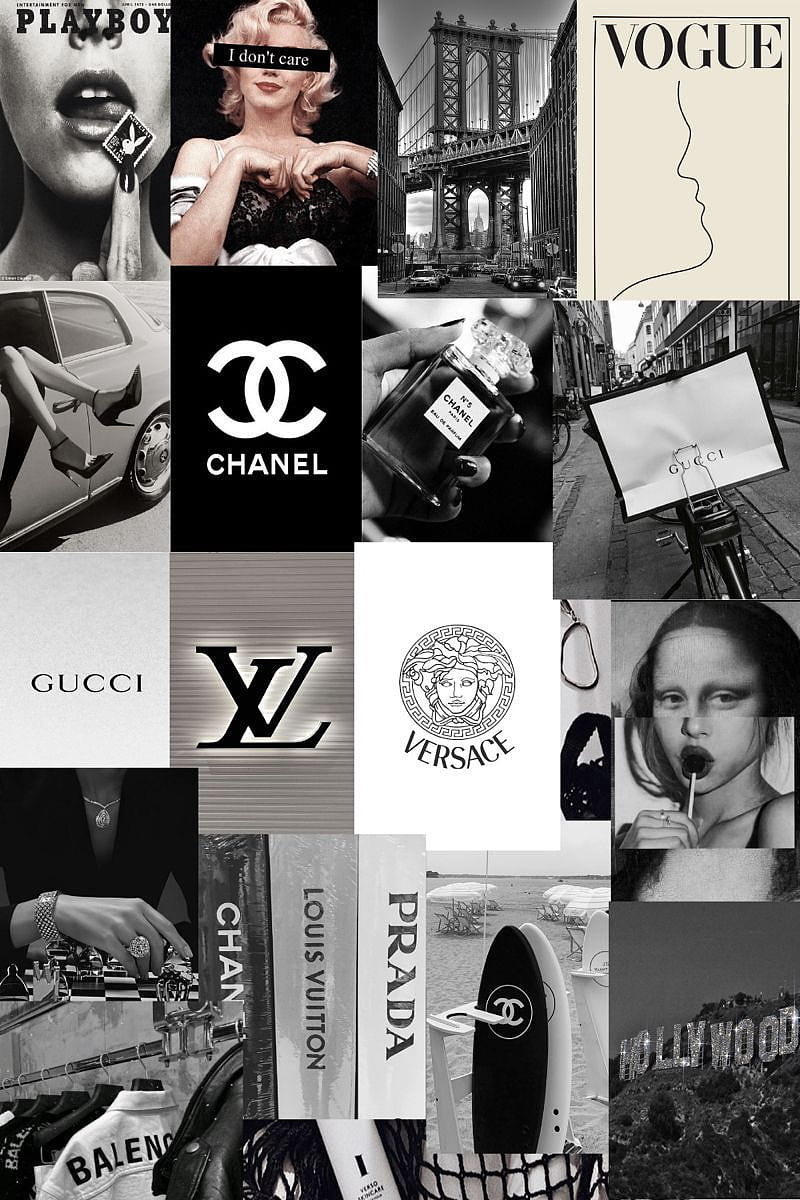 Aesthetic collage of black and white images of fashion, beauty, and luxury brands. - Louis Vuitton