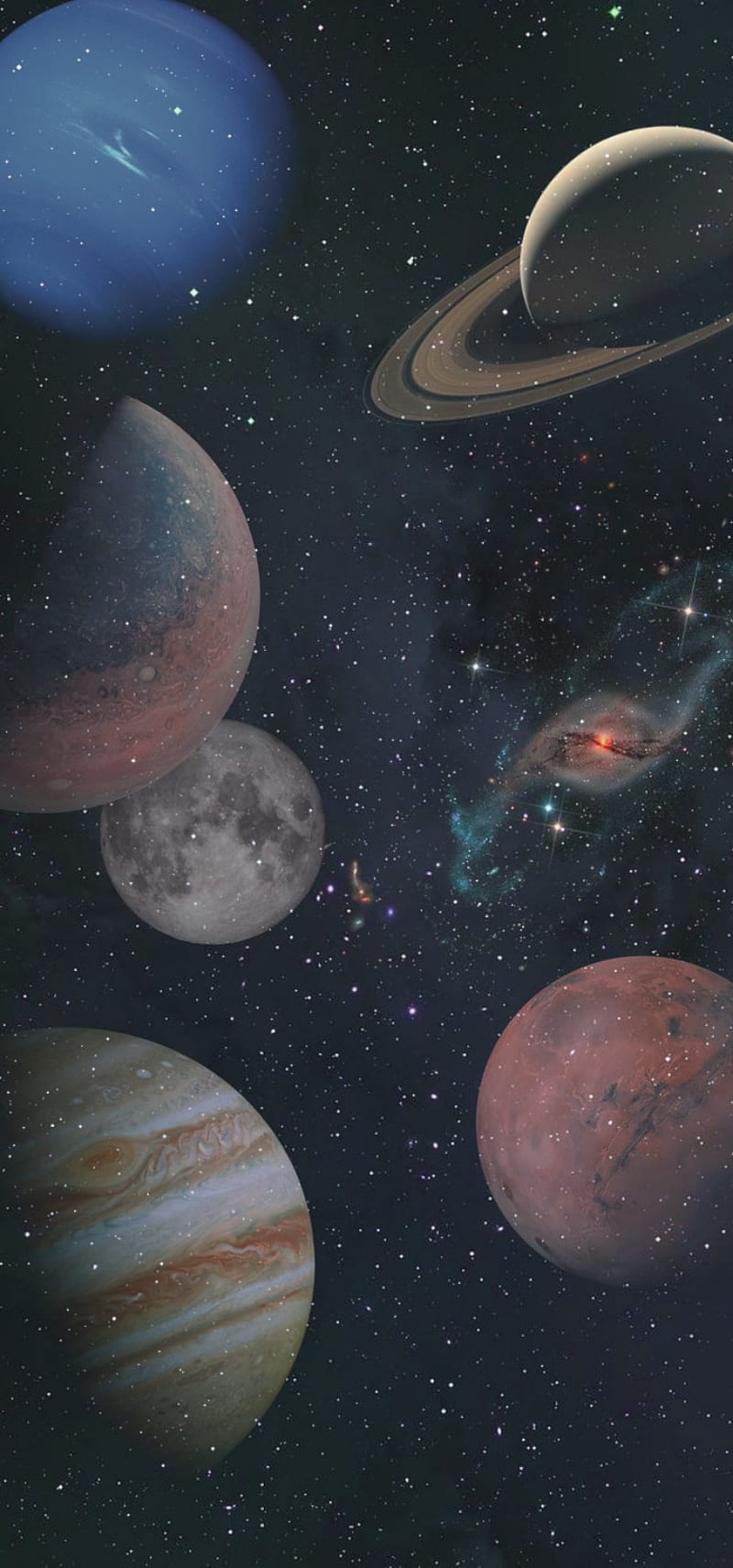 A group of planets in space with stars - Earth, planet, Saturn, Mars, stars