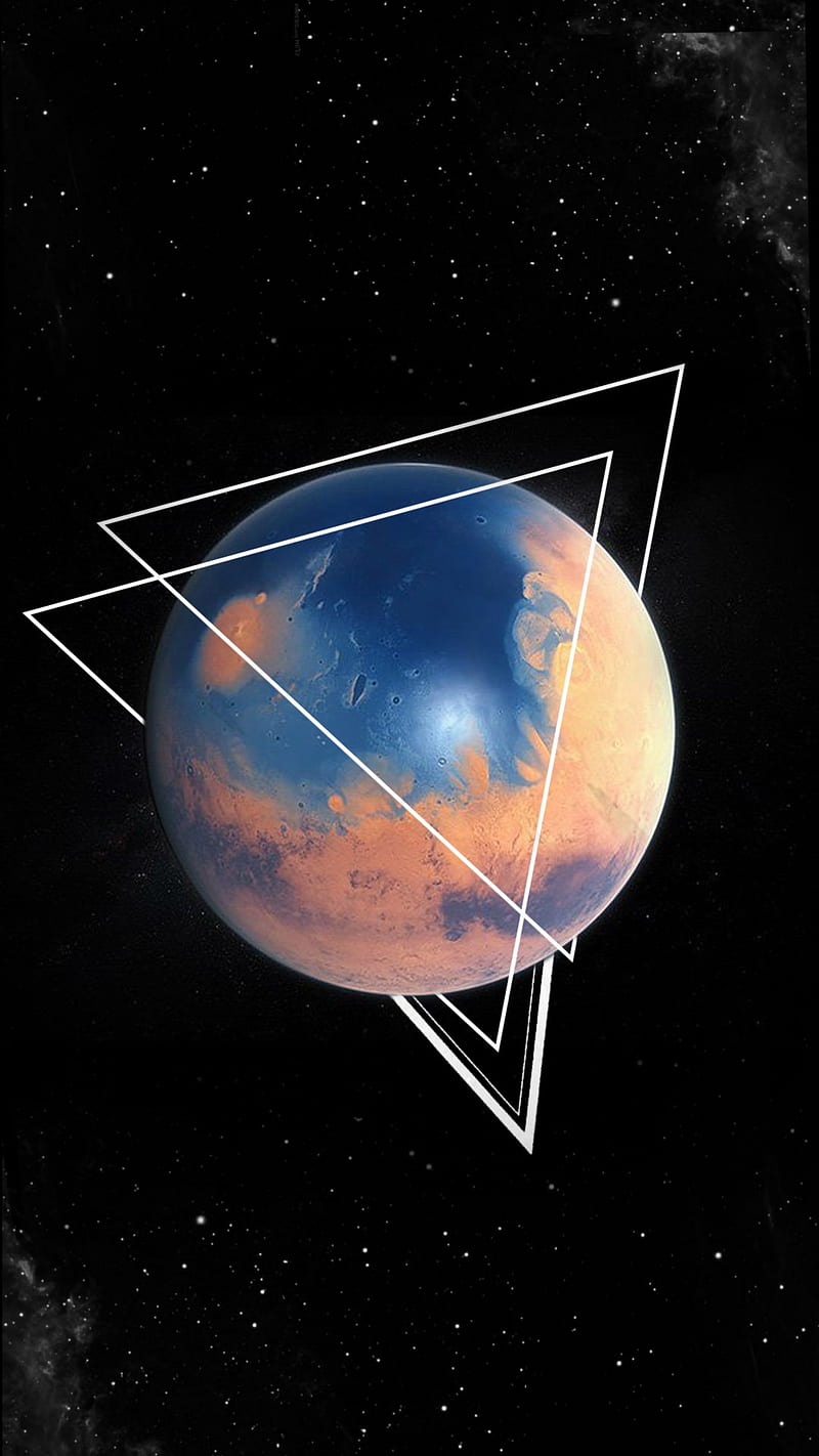 An image of the planet Mars with white geometric shapes around it - Earth, planet