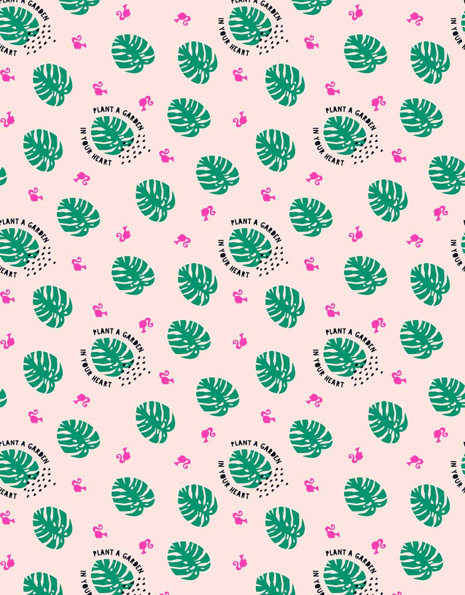A pattern of green palm leaves and pink flamingos on a light pink background - Avocado, Barbie, garden
