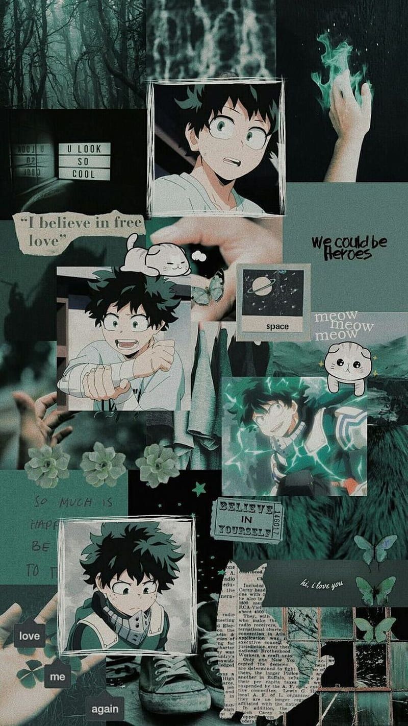 Aesthetic background of green and black with pictures of anime characters and text. - My Hero Academia, Deku