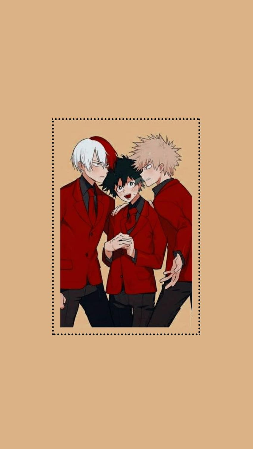 A group of three boys in red suits - My Hero Academia
