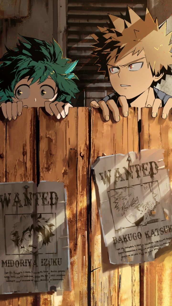 My Hero Academia anime wallpaper with Midoriya and Bakugo holding up a wanted sign. - My Hero Academia, Bakugo