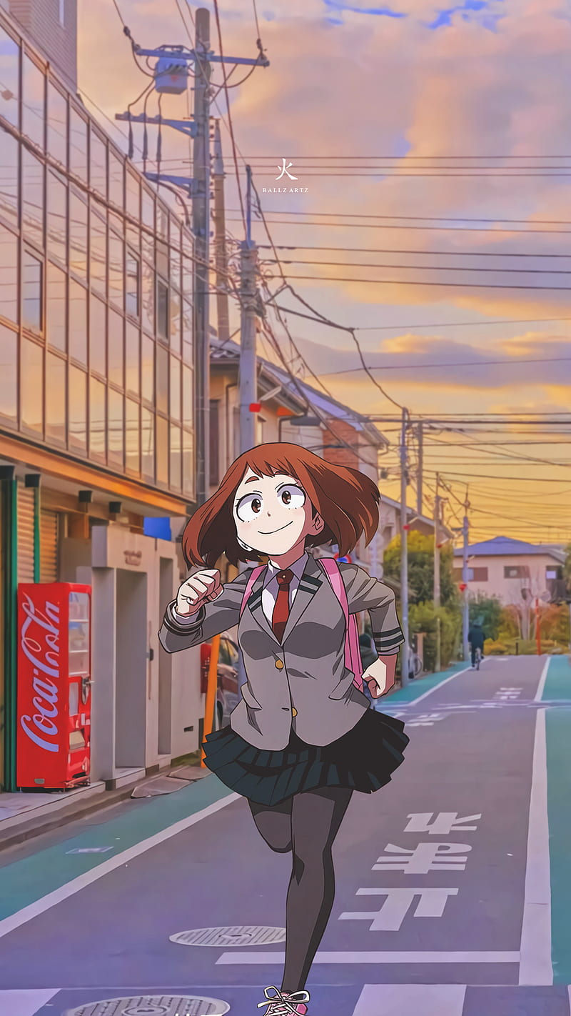Anime girl running down the street in a skirt and knee highs - My Hero Academia
