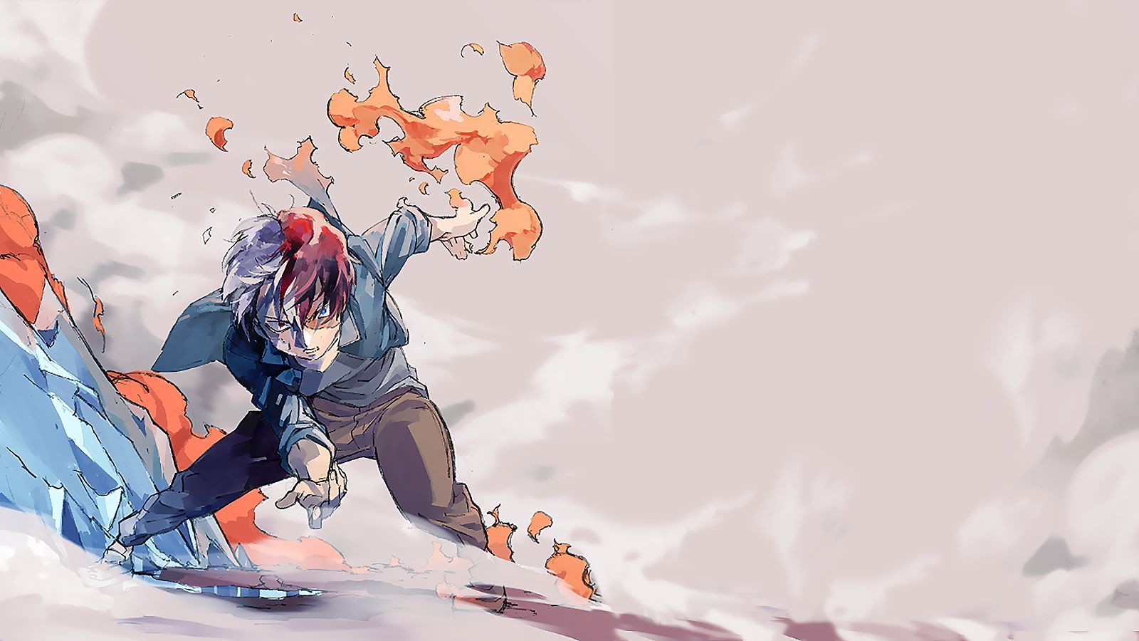 A red-haired man with a blue jacket and a white shirt is seen throwing fireballs at an opponent - My Hero Academia, Shoto Todoroki