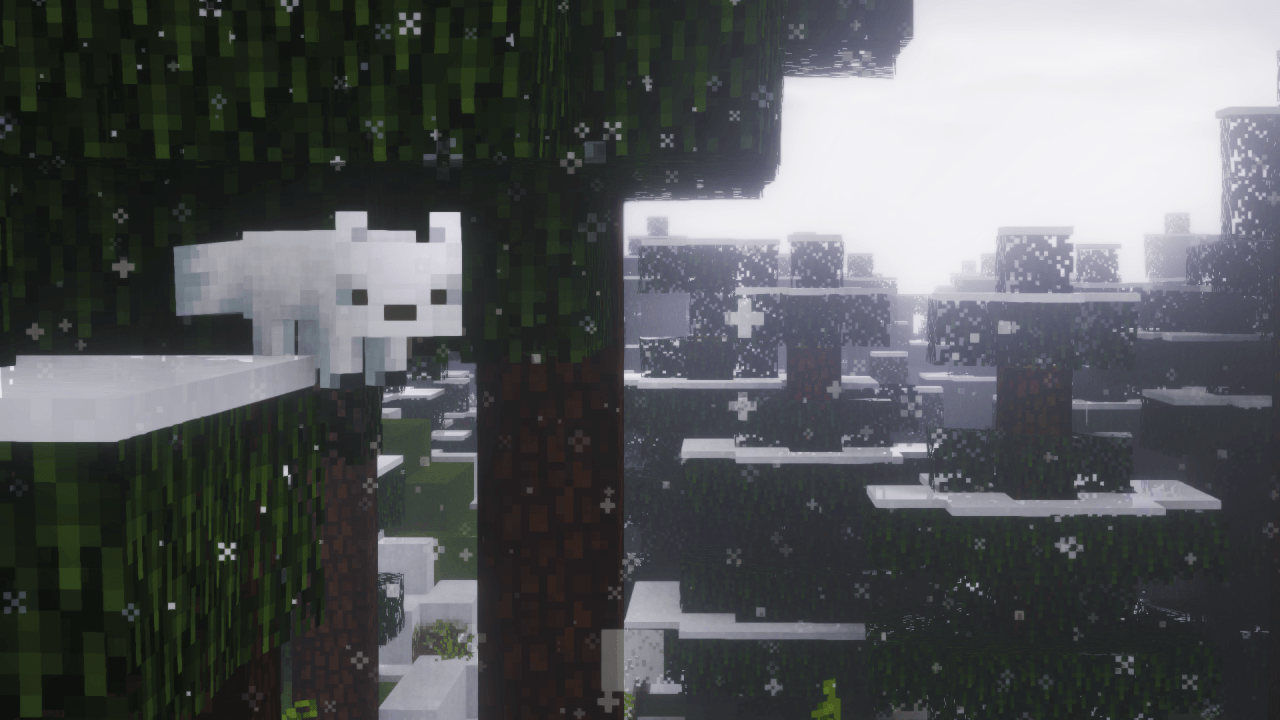 A Minecraft screenshot of a wolf standing on a snowy ledge - Minecraft