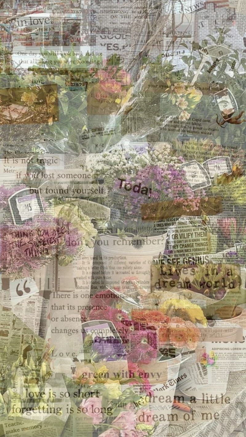 A collage of newspaper, flowers, and a quote. - Money, May