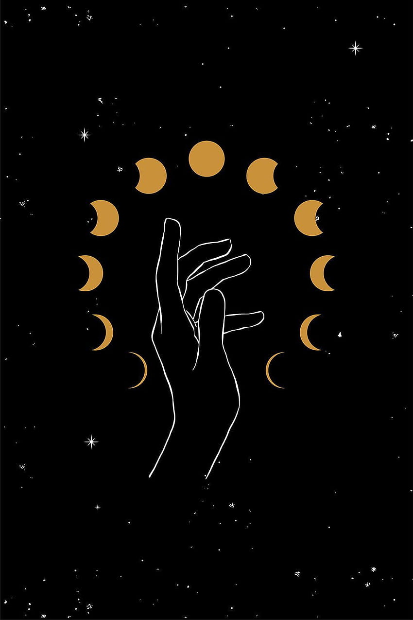 Hand with phases of the moon in gold and white on a black background - Moon phases