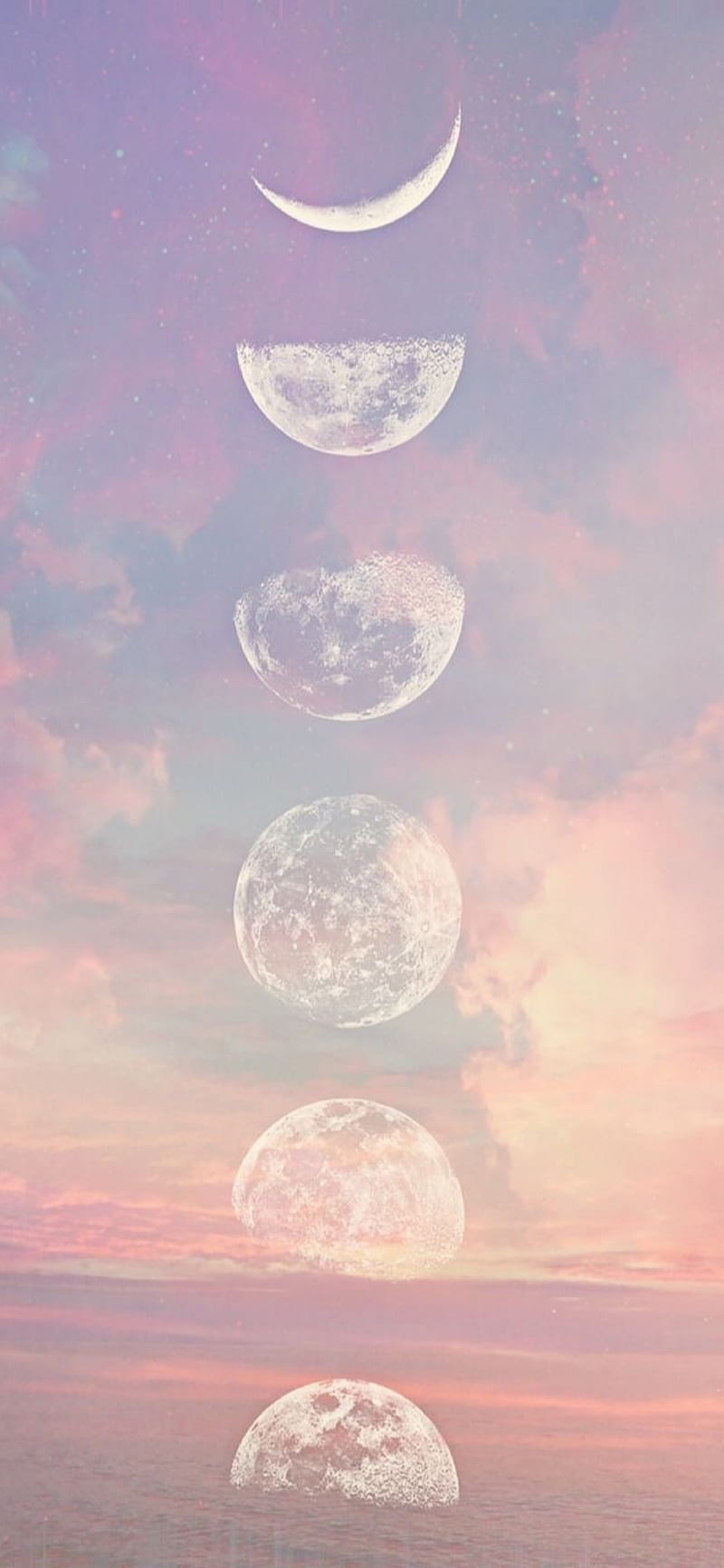 Moon phases wallpaper, pink and purple sky, aesthetic backgrounds, ocean in the background - Moon phases