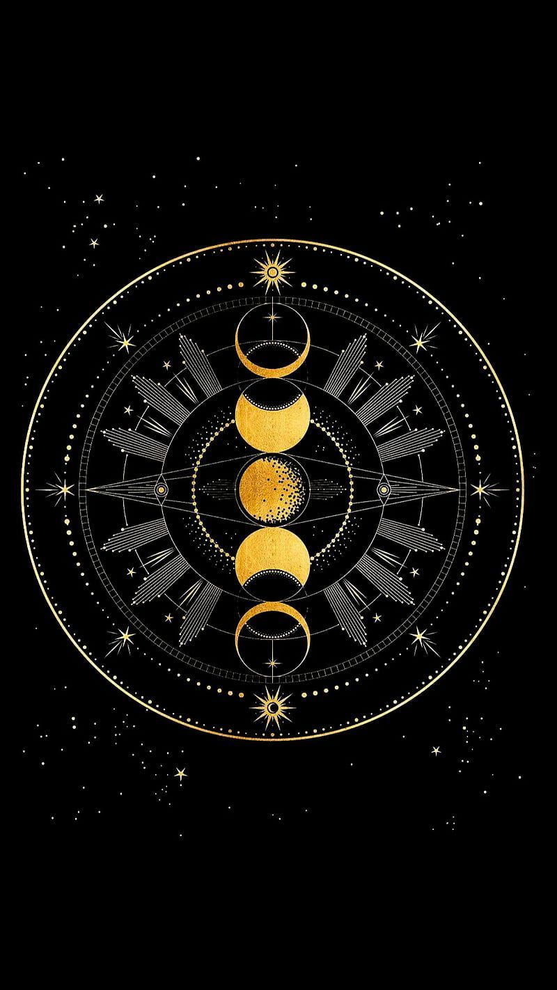The sun and moon in a circle with stars - Moon phases
