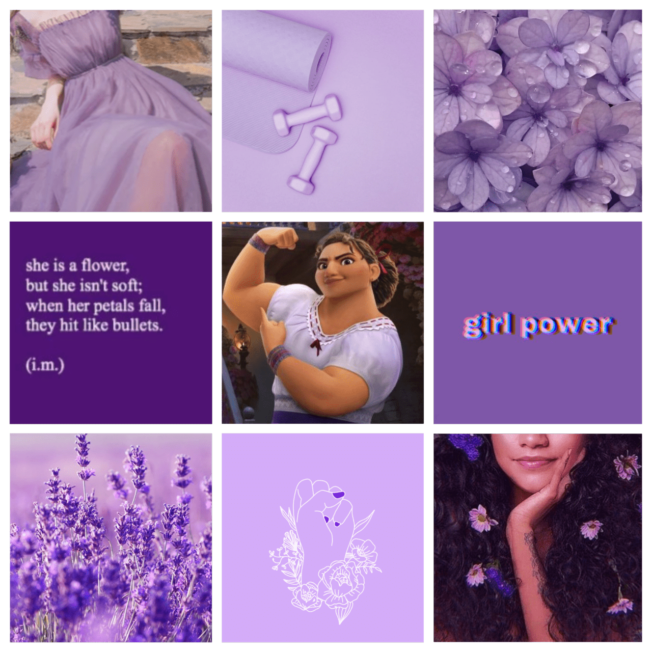 A collage of purple images including flowers, quotes, and pictures of Disney's Megara from Hercules. - Encanto