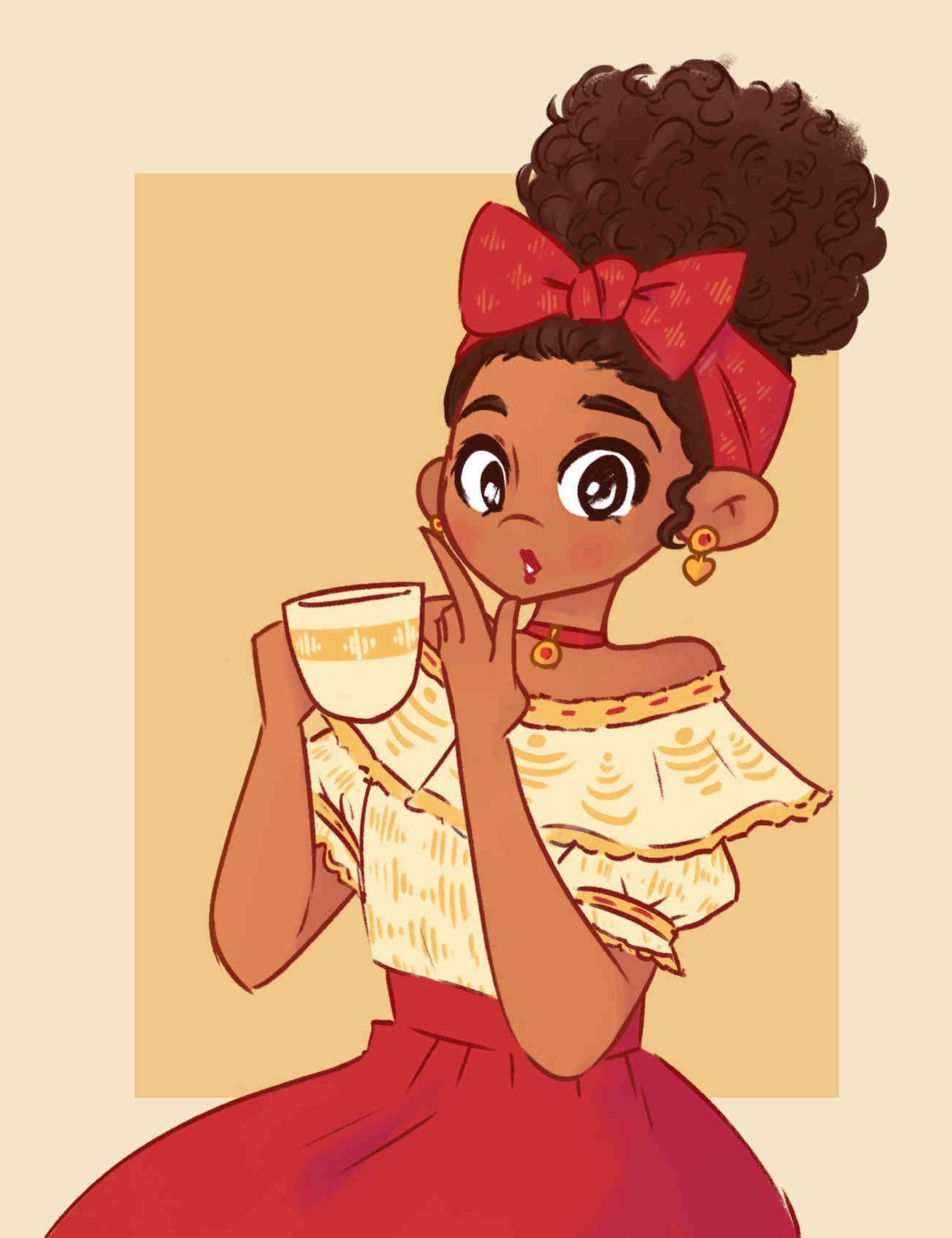 A digital illustration of a girl holding a cup of tea. - Encanto